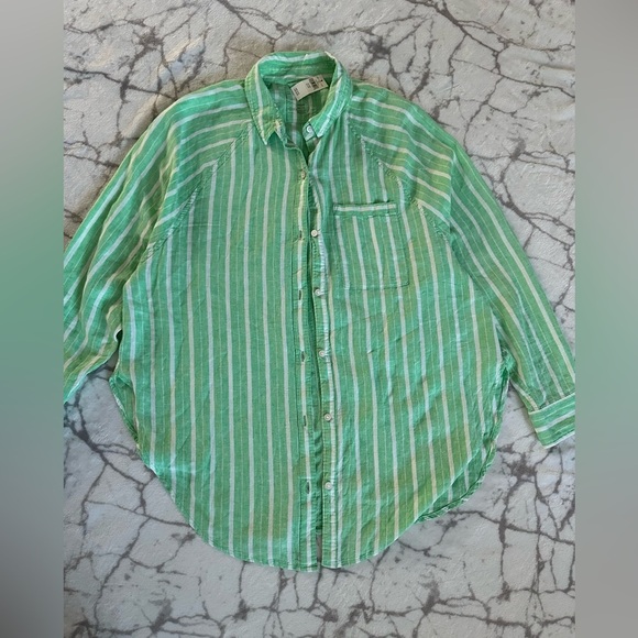 Aerie Celebrity Green Striped Linen Blend Button Down Shirt S/ M Oversized NWT - Picture 1 of 8